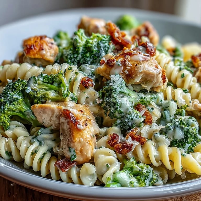 A close-up of a rich, creamy garlic Parmesan sauce coating penne pasta and broccoli.