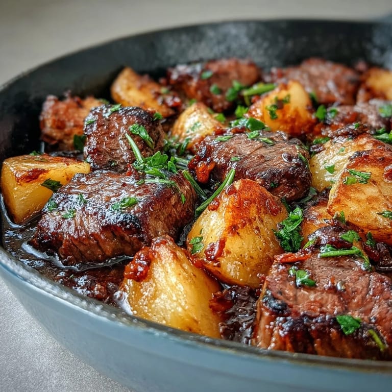Sizzling steak cubes and crispy potatoes in garlic butter garnished with fresh parsley, perfect over mashed cauliflower or greens.