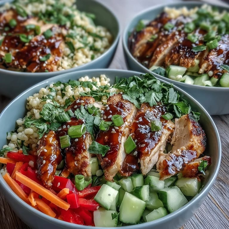 Colorful meal prep bowls of Sesame Ginger Chicken Couscous with fresh herbs and sesame seeds, ready for a healthy weeknight dinner.