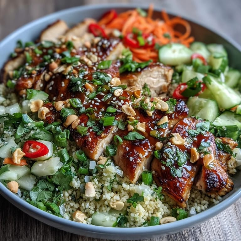 A close-up of a vibrant Sesame Ginger Chicken Couscous Bowl featuring diced cucumbers, shredded carrots, and red bell peppers.