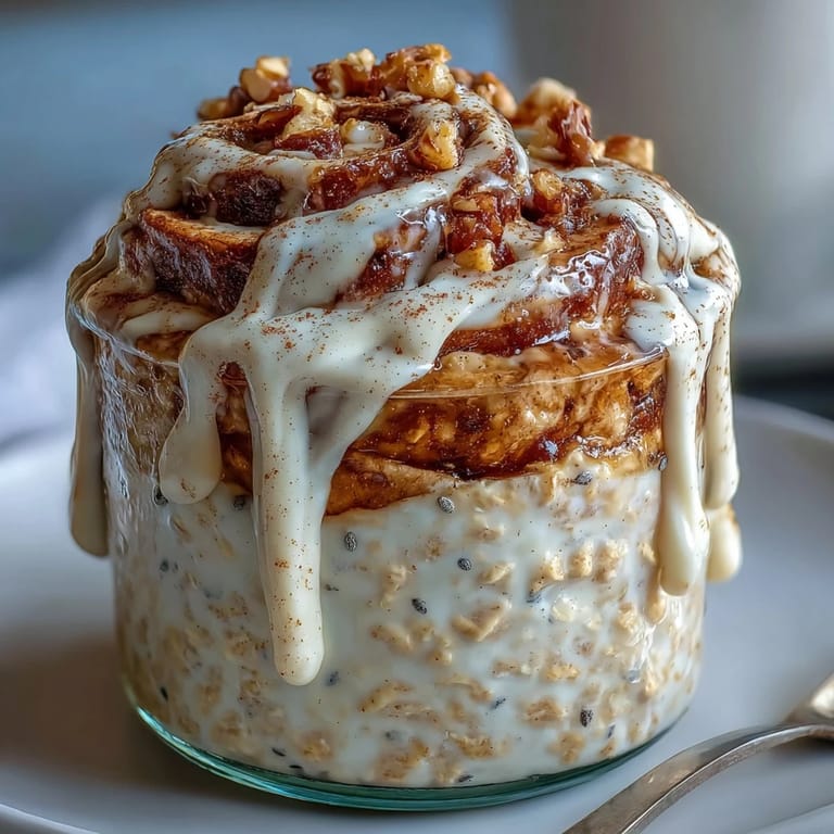 Overnight oats topped with a rich drizzle, showcasing the High-Protein Cinnamon Roll Overnight Oats with soft oats and cinnamon spice in glass jars.