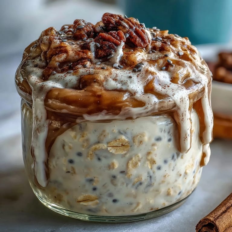Close-up of High-Protein Cinnamon Roll Overnight Oats, highlighting a swirl of cream cheese-style drizzle and a sprinkle of cinnamon on top.
