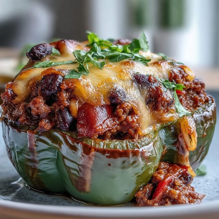 Baked Chili Mac Stuffed Peppers sit in a white dish, garnished with fresh cilantro and green onions.