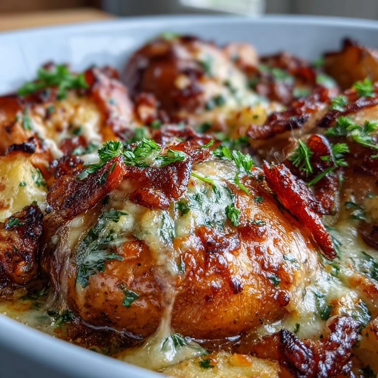 Gluten-free Buffalo Ranch Chicken Potato Bake served hot, garnished with fresh chives and a ranch drizzle.