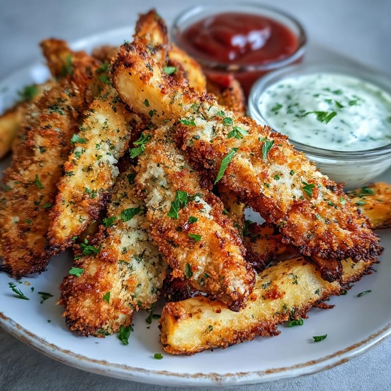 Oven-baked Crispy Baked Chicken Parmesan Fries arranged neatly on a plate with fresh parsley garnish.