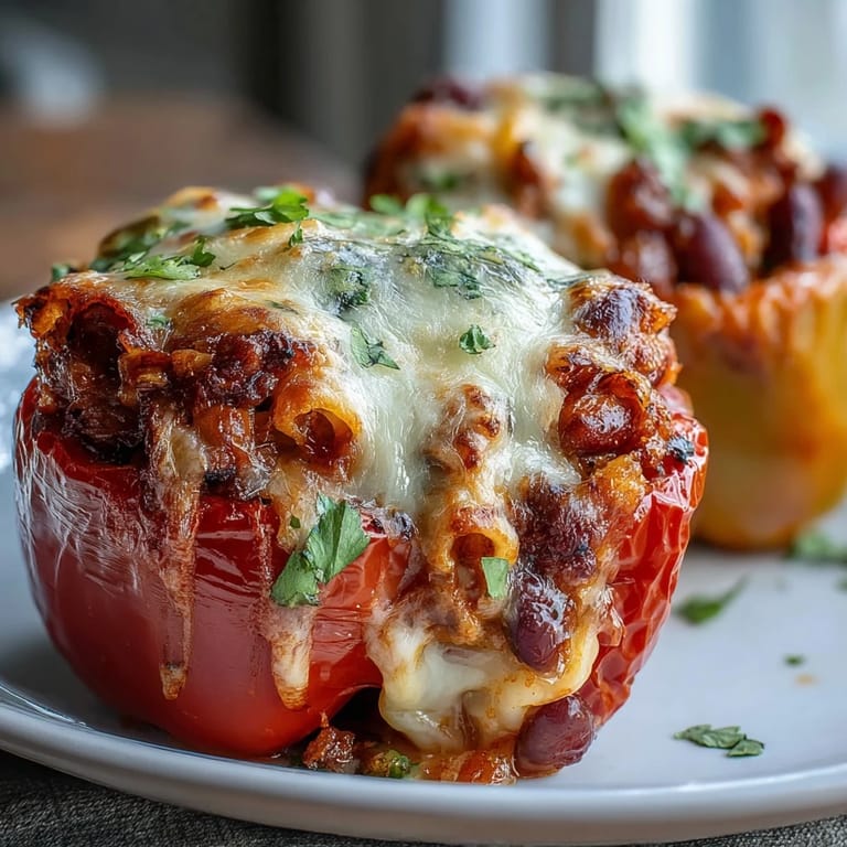 Golden-brown bell peppers overflowing with hearty chili mac and melted sharp cheddar topping.