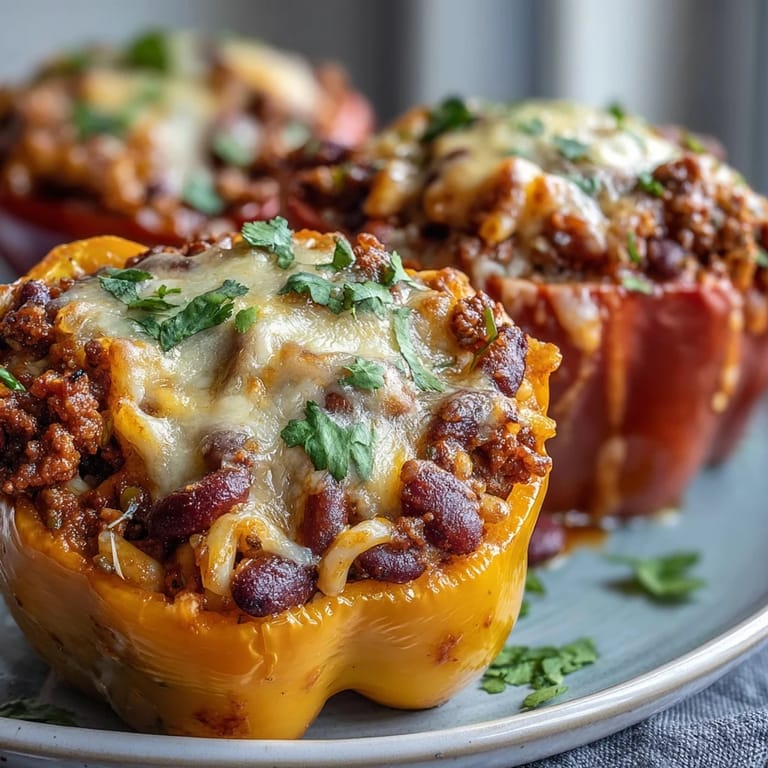 Savory Baked Chili Mac Stuffed Peppers served hot with fresh cilantro garnish.