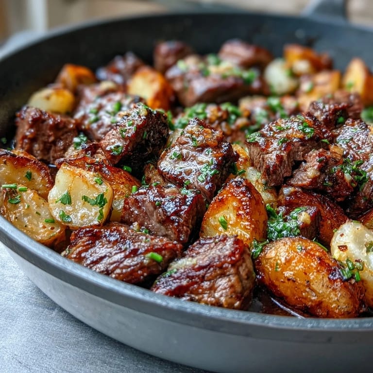 Tender steak and potatoes sauté in a cast-iron skillet for a savory, sizzling dinner.