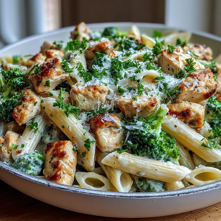 Tender chicken, crisp broccoli florets, and penne pasta tossed in a rich garlic Parmesan sauce in a skillet.