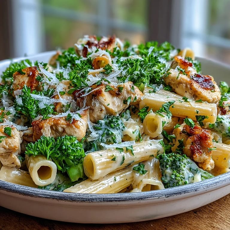 Easy one-pan Garlic Parmesan Broccoli & Chicken Pasta dinner, ready in about 35 minutes, perfect for busy weeknights.