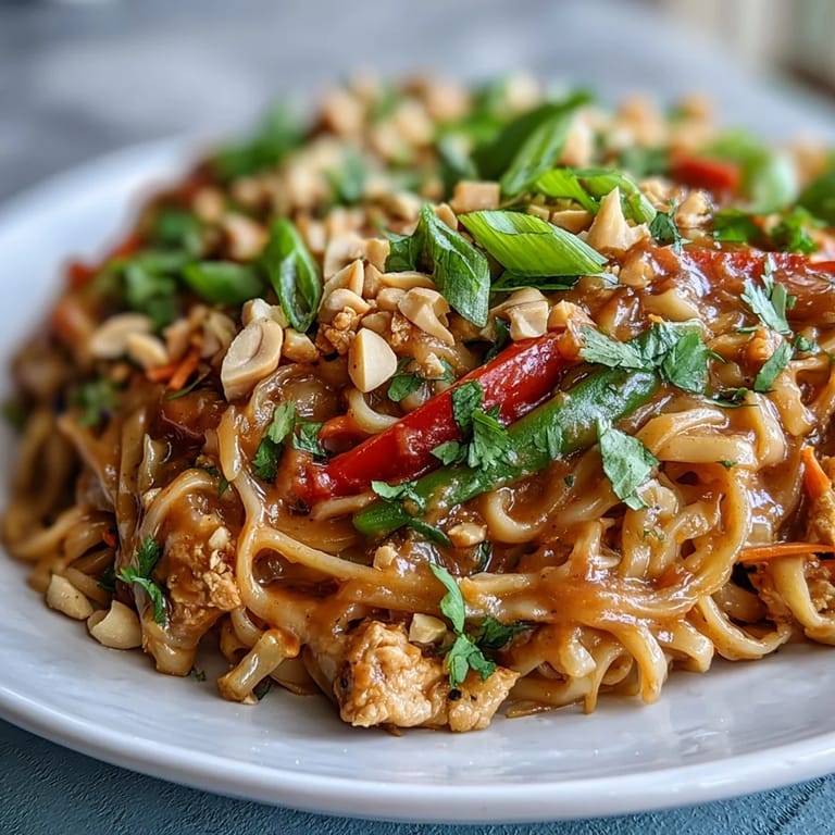 A close-up of creamy peanut noodles with ground chicken, crisp red bell peppers, snap peas, and fresh green onions.
