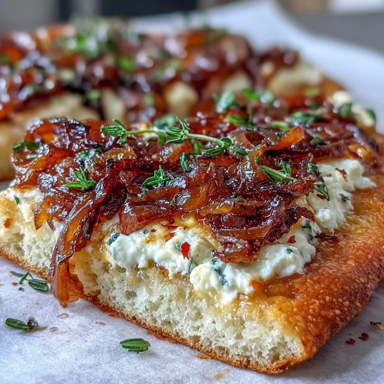 Warm Goat Cheese & Caramelized Onion Flatbread with a honey drizzle and chili flakes on a marble board.