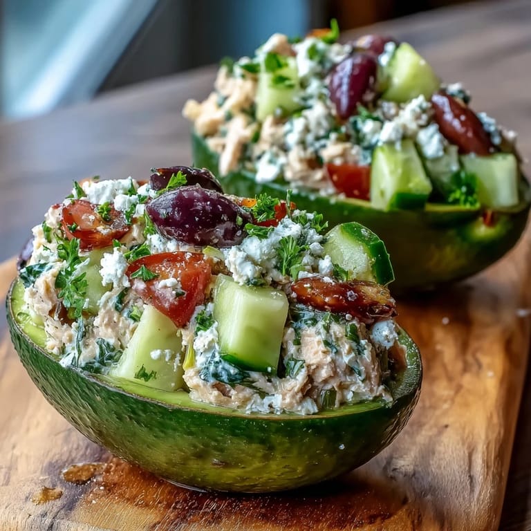 Close-up of a spoon filling halved avocados with Mediterranean Tuna Salad, showcasing diced red onion, roasted peppers, and a lemony olive oil dressing.