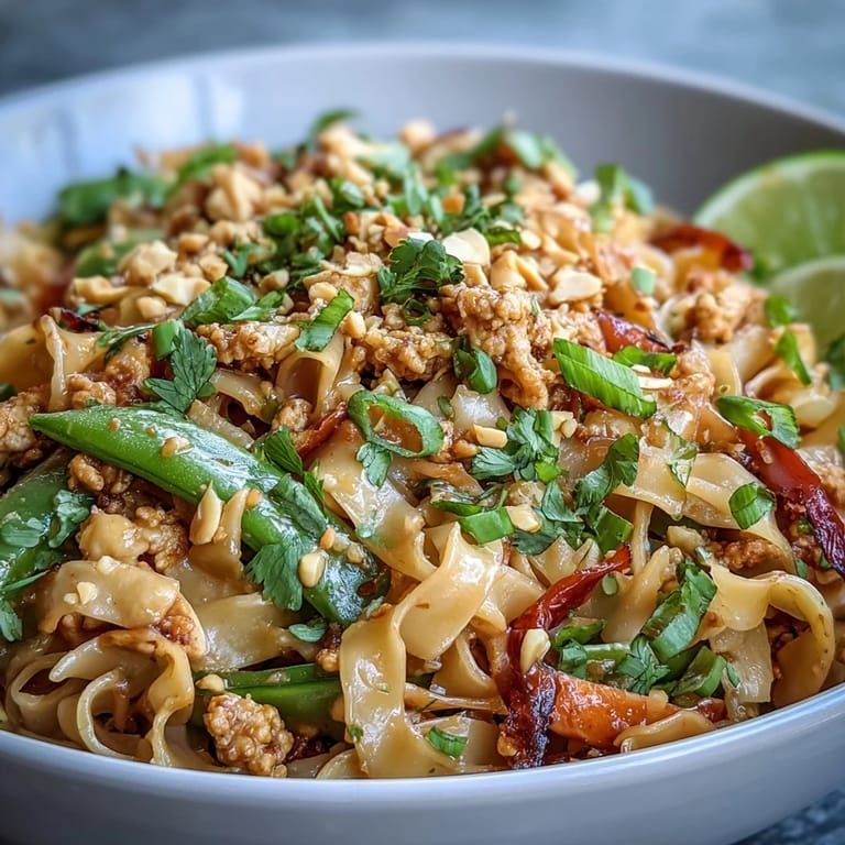 Close-up of Creamy Thai-Inspired Peanut Noodle Bowls revealing colorful vegetables and a savory, dairy-free peanut sauce over wide rice noodles.