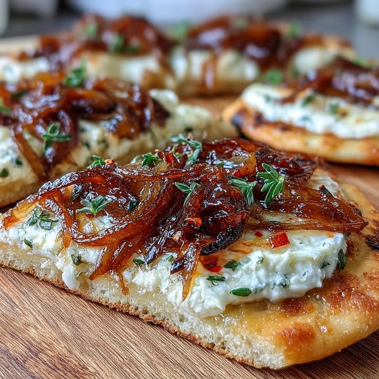 Goat Cheese & Caramelized Onion Flatbread topped with fresh thyme and chili flakes for heat.