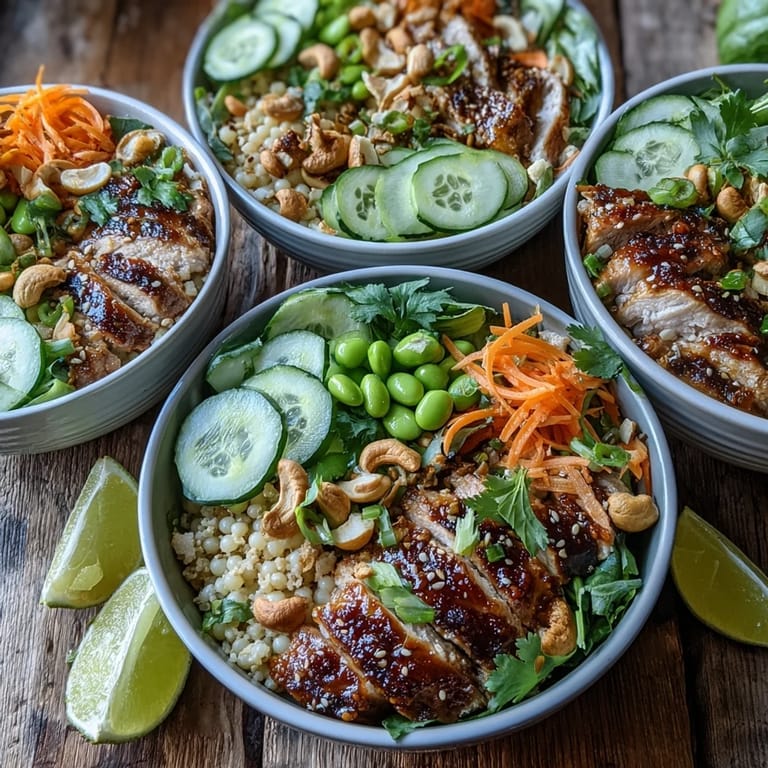 A vibrant serving of Sesame Ginger Chicken Couscous Bowls with lime wedges, fresh cilantro, and a drizzle of savory dressing.