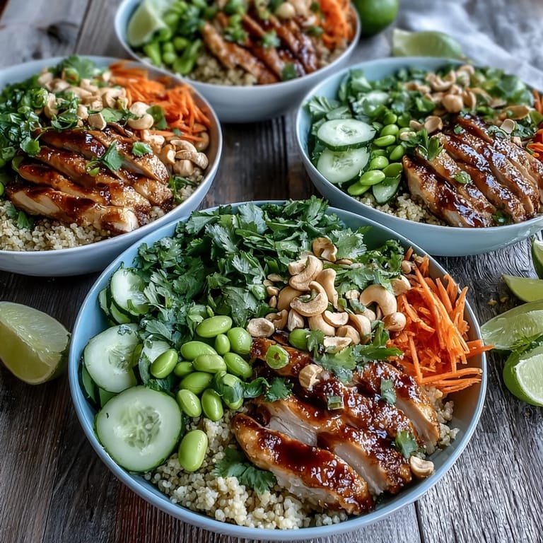 This overhead view of Sesame Ginger Chicken Couscous Bowls highlights edamame, green onions, and cashews tossed in a glossy sesame-ginger dressing.