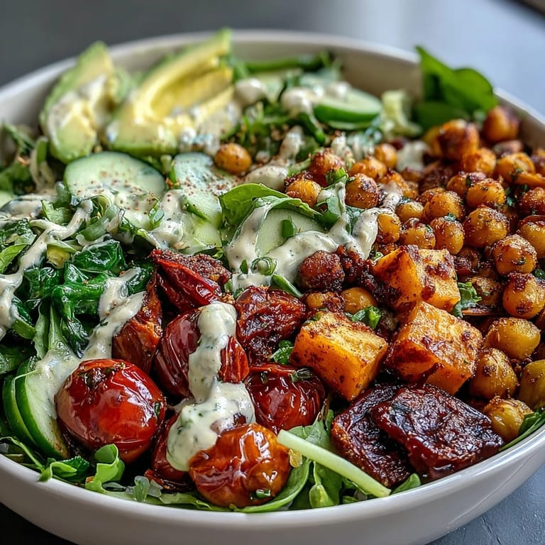 Vibrant vegan Breakfast Buddha Bowl featuring fresh vegetables, crunchy chickpeas, and smooth tahini dressing, offering a healthy and satisfying start to your day.