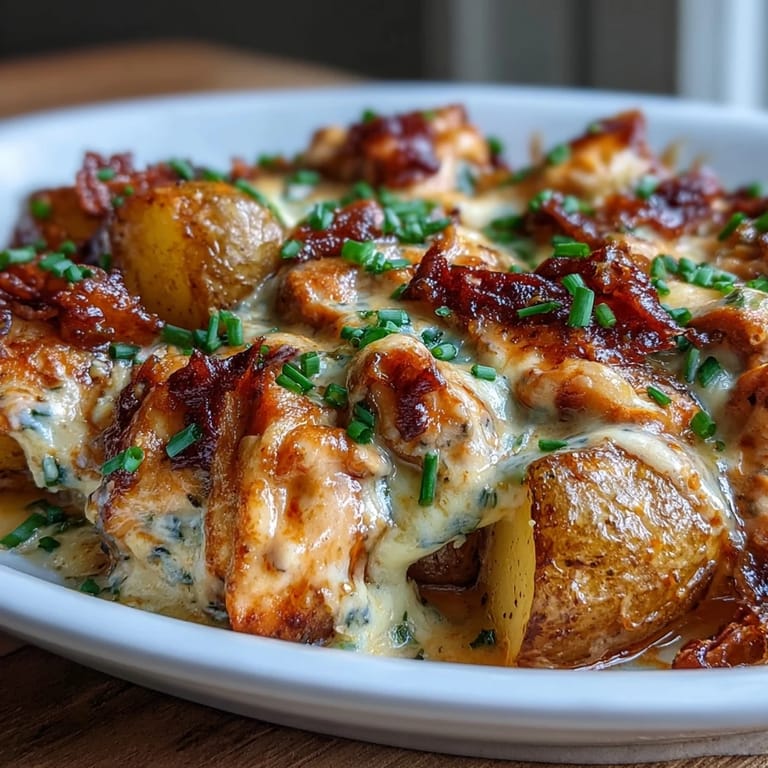 Oven-roasted Buffalo Ranch Chicken Potato Bake featuring zesty buffalo sauce, ranch seasoning, and melted cheddar cheese.  