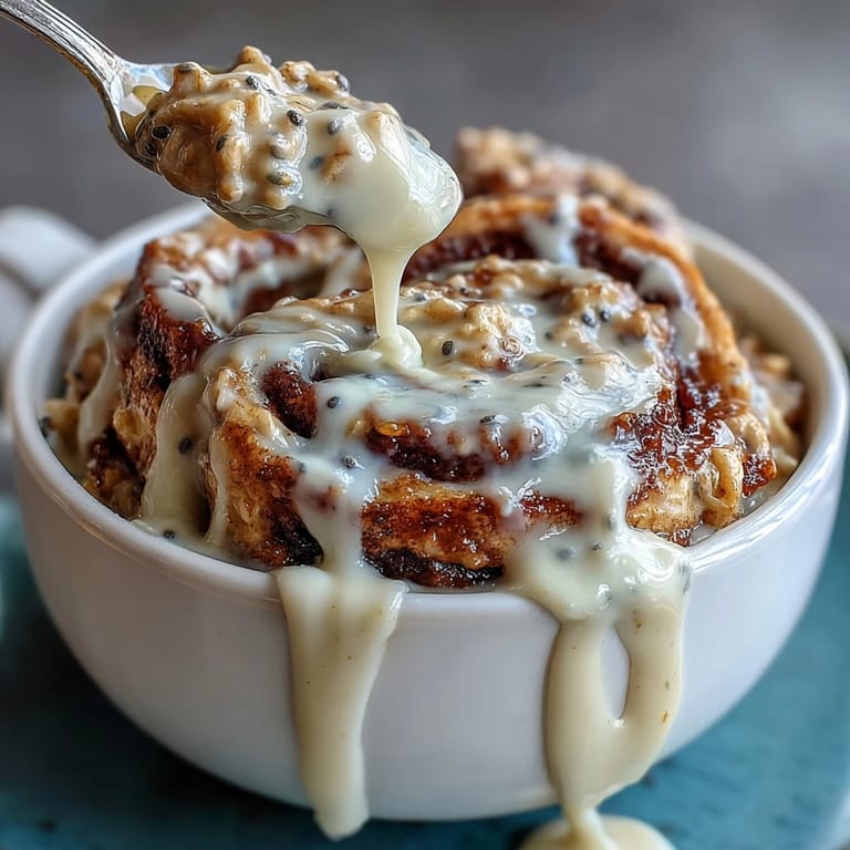 A jar of protein-packed cinnamon roll overnight oats with a sweet vanilla drizzle.