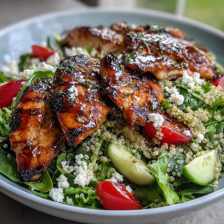 Protein-packed lemon herb grilled chicken salad bowl with quinoa, feta, and fresh greens, ideal for weight management and clean eating.