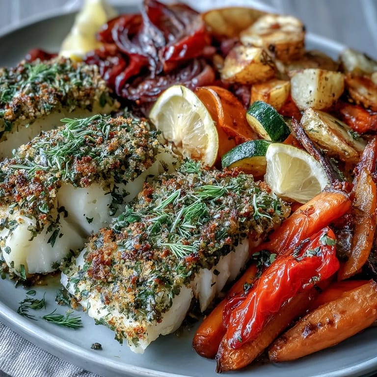 A light and healthy herb-crusted cod dish, paired with tender roasted vegetables and garnished with fresh lemon wedges for bright, fresh flavor.