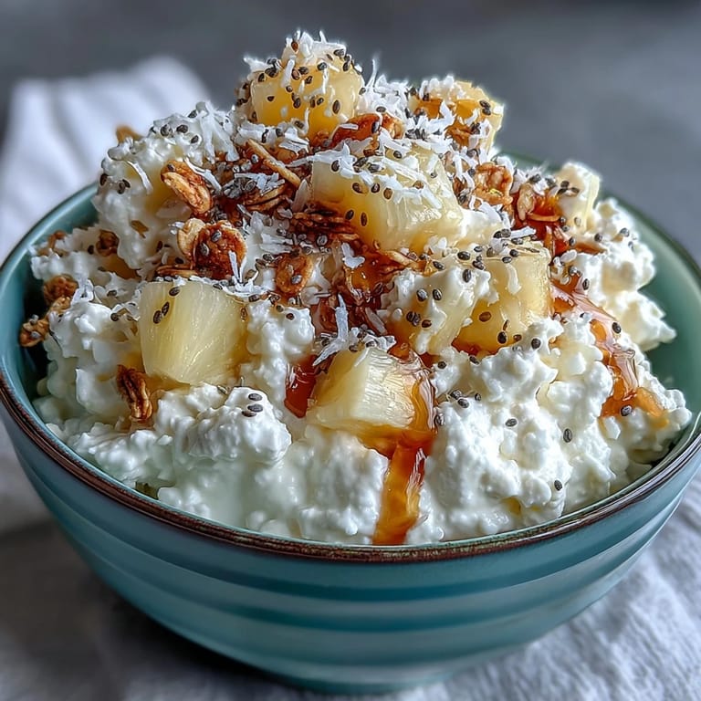 A high-protein cottage cheese bowl topped with sweet pineapple and golden granola, perfect for a quick morning meal.