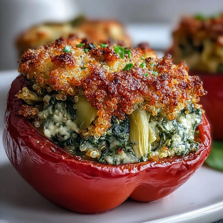 Golden-baked bell peppers stuffed with a rich, savory blend of spinach, artichokes, and grains, perfect for vegan dinner gatherings.