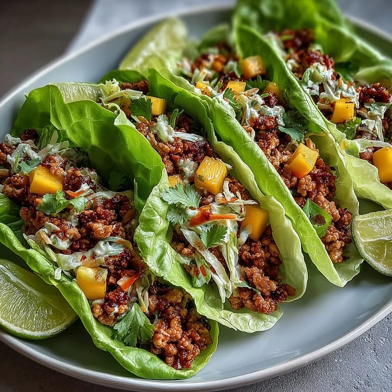 Flavorful ground turkey seasoned with chili and cumin, nestled in fresh lettuce leaves and crowned with tangy mango slaw.  