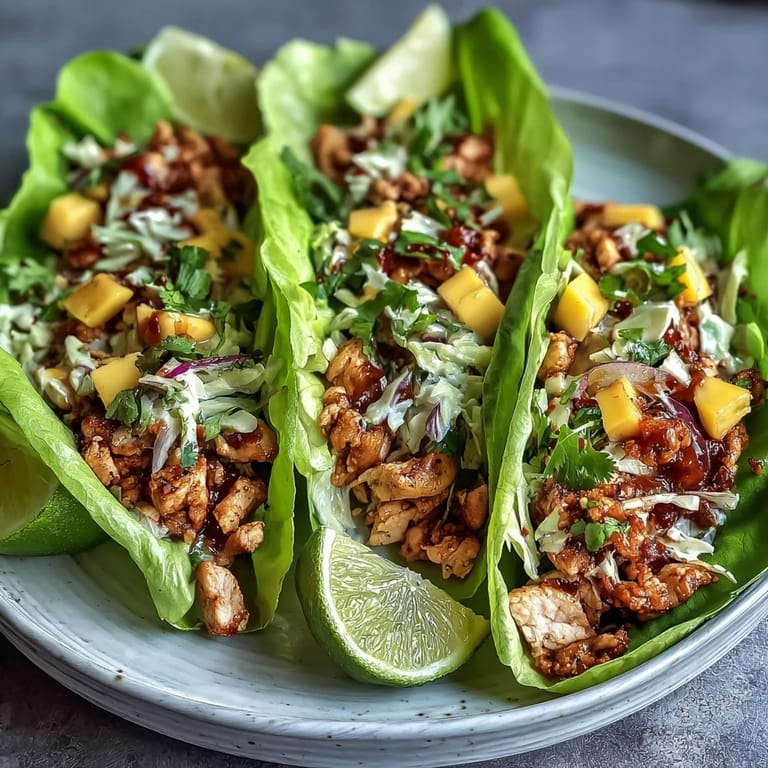 Healthy turkey tacos with a kick, served in crisp lettuce cups and finished with sweet, zesty mango and cabbage slaw.