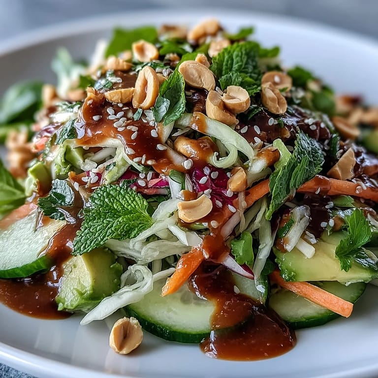 Healthy vegan spring roll salad with peanut dressing, tossed with fresh herbs, rice noodles, and crunchy peanuts.
