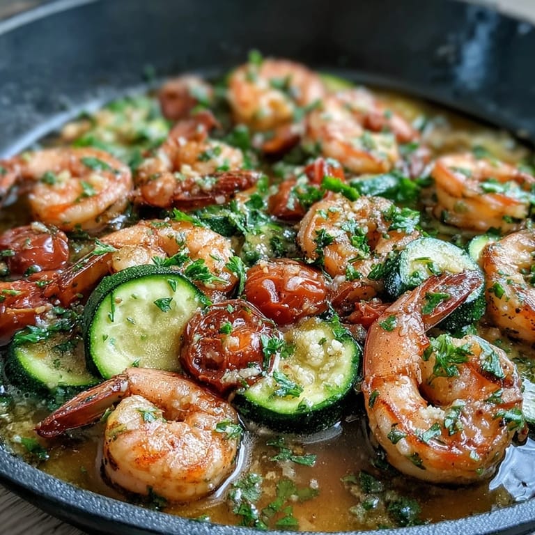 Colorful one-pan lemon butter shrimp with zucchini and tomatoes, roasted to perfection for a quick, healthy weeknight dinner.  