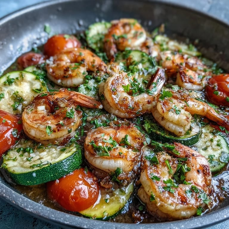 Succulent shrimp, tender zucchini, and juicy cherry tomatoes tossed in zesty lemon-butter sauce, served in a rustic skillet.