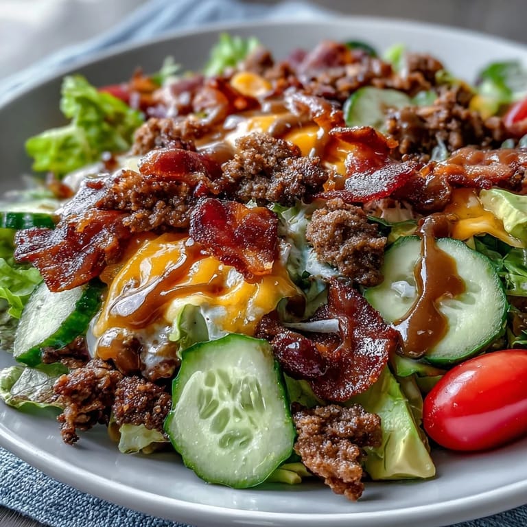 Hearty low-carb bacon cheeseburger salad with juicy ground beef, crisp lettuce, and tangy pickles, topped with melty cheddar and avocado slices.  