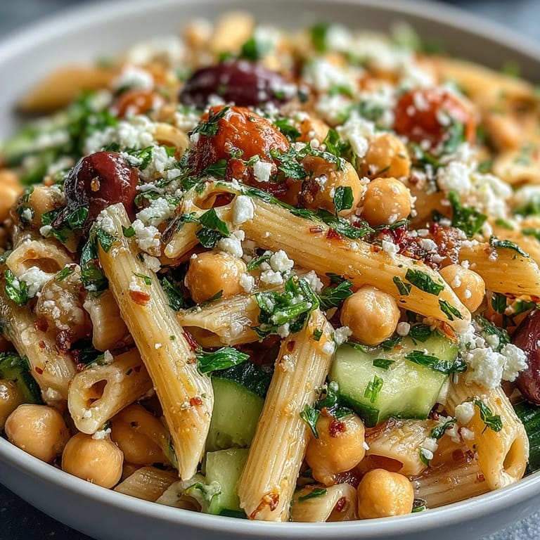 Colorful Mediterranean pasta salad with protein-rich chickpeas, briny olives, and tangy feta for a satisfying meal.