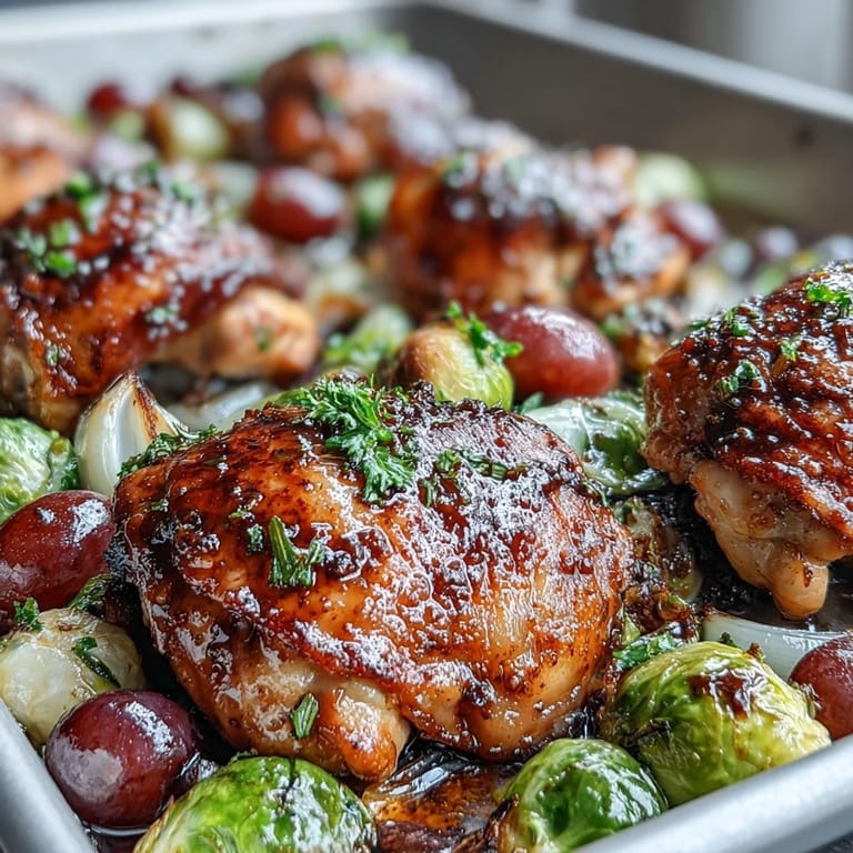 Golden balsamic chicken and tender Brussels sprouts create a delicious sheet pan dinner, balanced by the sweetness of roasted red grapes.