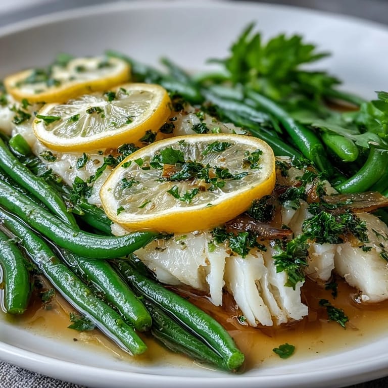 Healthy Lemon Garlic Tilapia Packets: flaky tilapia fillets and fresh green beans steamed in foil with lemon slices and garlic, perfect for a light dinner.
