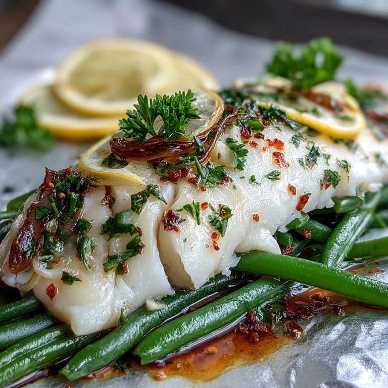 Easy Lemon Garlic Tilapia and Green Beans: oven-baked tilapia with green beans and red onion, drizzled with lemon-garlic sauce for a bright, healthy meal.