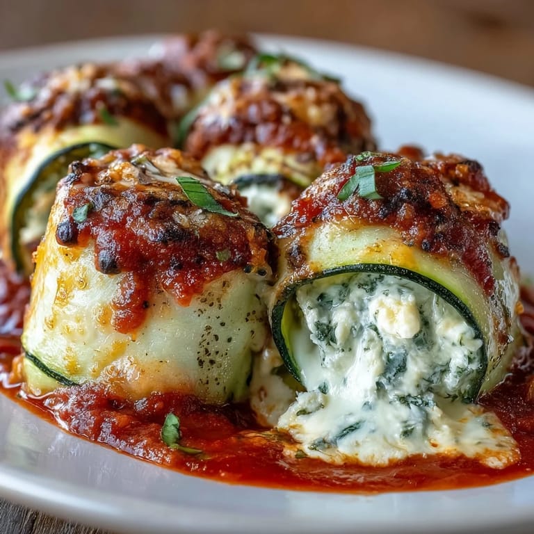 Italian-inspired zucchini lasagna roll-ups, tender and cheesy, served with sugar-free marinara sauce.