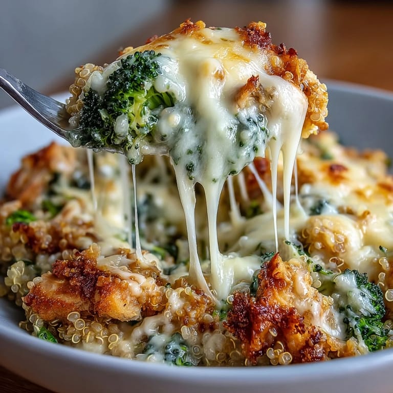 Hearty chicken and quinoa casserole packed with vibrant broccoli florets and melted cheese, perfect for a comforting dinner.