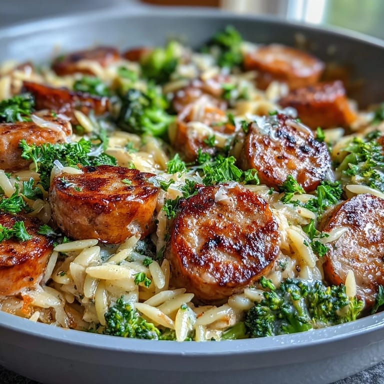 Easy one-pan meal with juicy chicken sausage, toasted orzo, fresh broccoli, and a burst of citrus for comforting flavor.