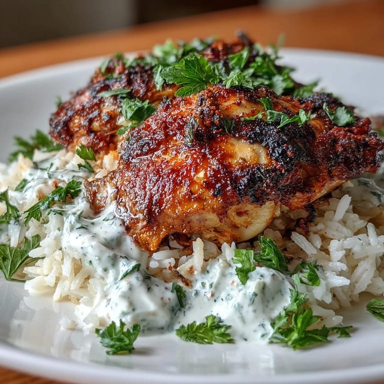 Flavorful Middle Eastern shawarma chicken and rice cooked together in one pot, topped with zesty yogurt sauce and fresh parsley.