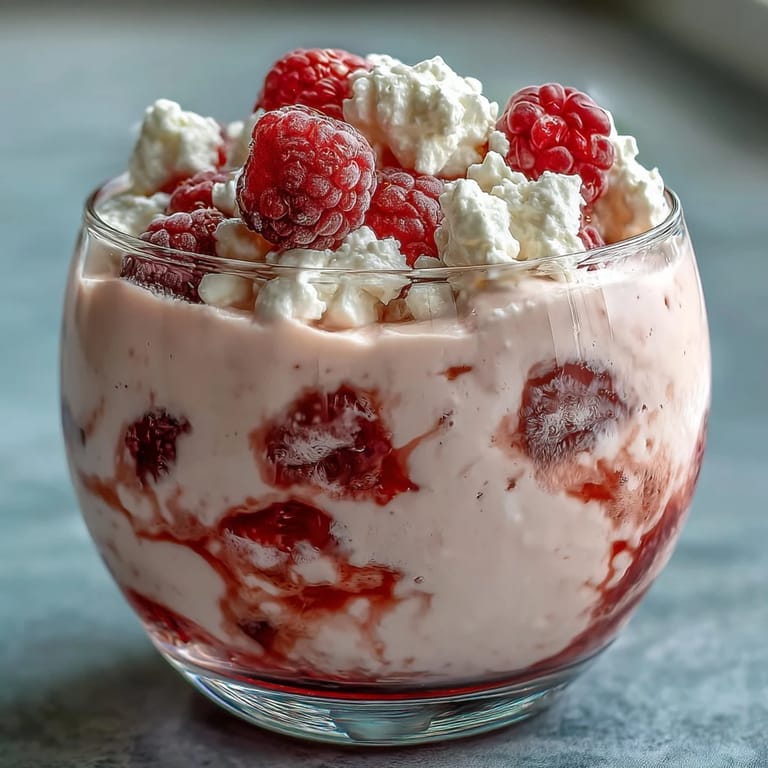 Silky smooth cottage cheese raspberry mousse topped with vibrant raspberries and mint leaves.