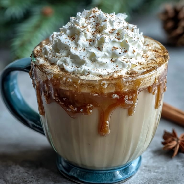 Steaming mug of Christmas chai latte garnished with whipped cream and a sprinkle of nutmeg, perfect for the holidays.