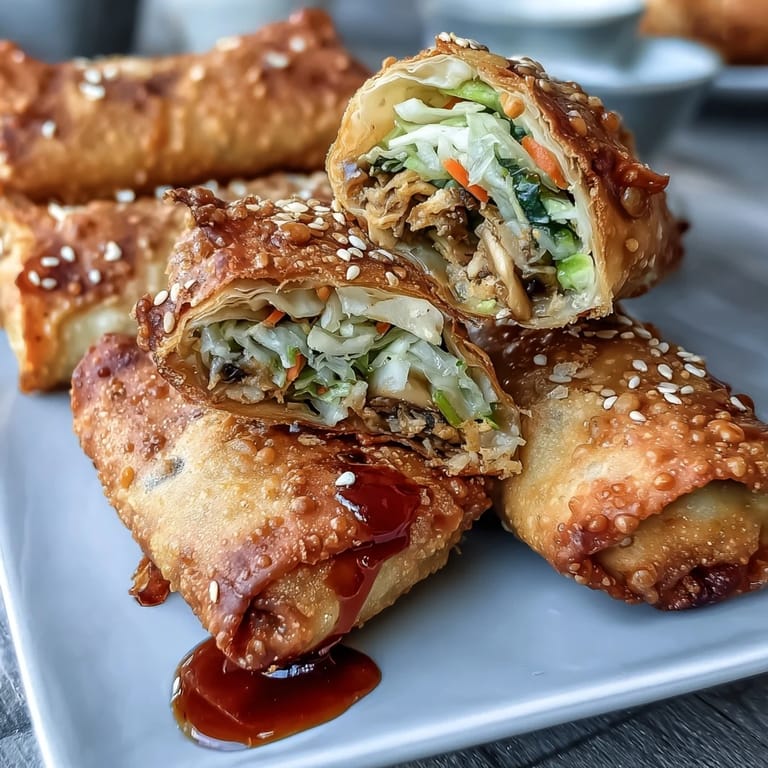 Fragrant vegetable egg rolls with a crunchy exterior, served alongside a glossy soy ginger glaze for dipping.