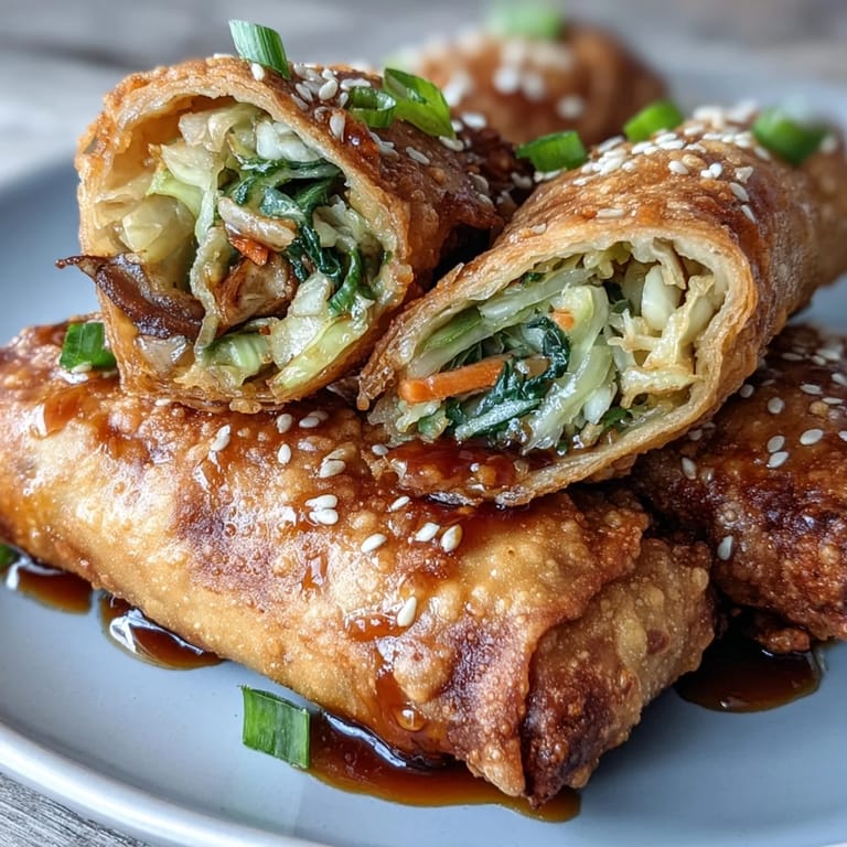 Golden-brown egg rolls with colorful vegetable filling, perfectly air-fried and paired with a rich, gingery dipping sauce.  