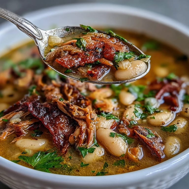 Smoky ham hock and tender white beans simmer in a rich broth with carrots, celery, and herbs for a comforting Southern dish.  