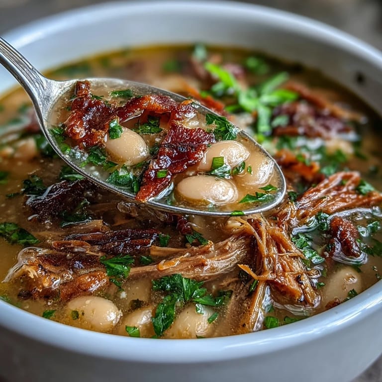 A steaming bowl of white bean and ham hock soup, garnished with parsley, showcasing hearty beans and savory ham in a flavorful broth.