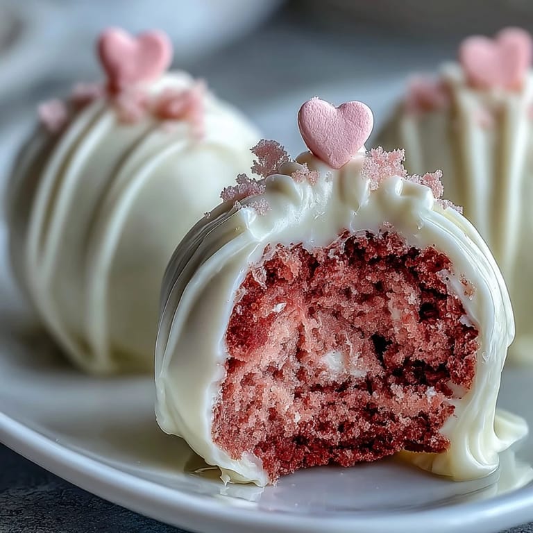 Delightful Galentines cake pops featuring pink velvet cake, luscious cream cheese frosting, and a shimmering white chocolate shell.