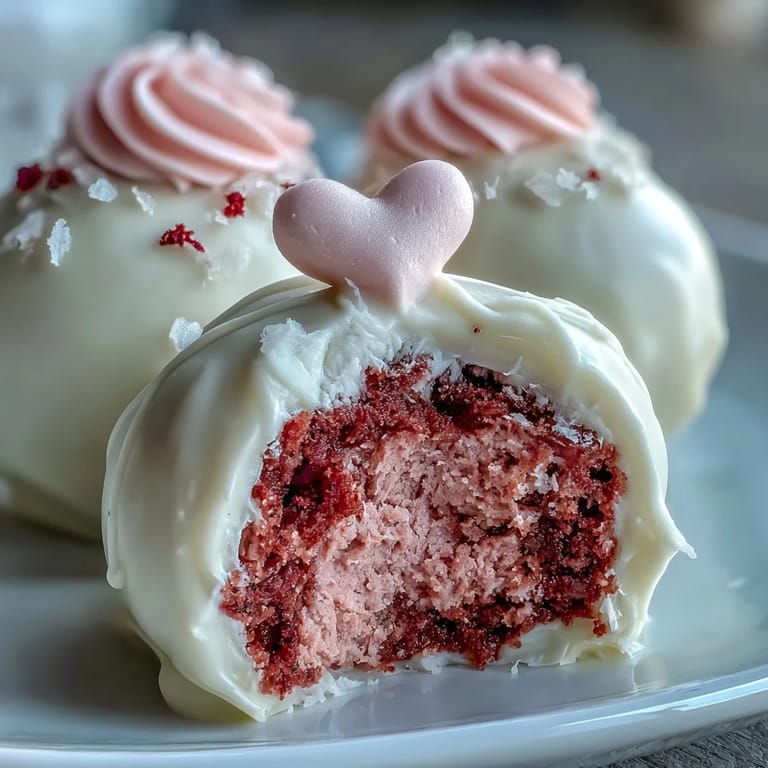 Handcrafted pink velvet cake pops dipped in silky white chocolate, each revealing a tangy cream cheese center—perfect Galentines treats.  
